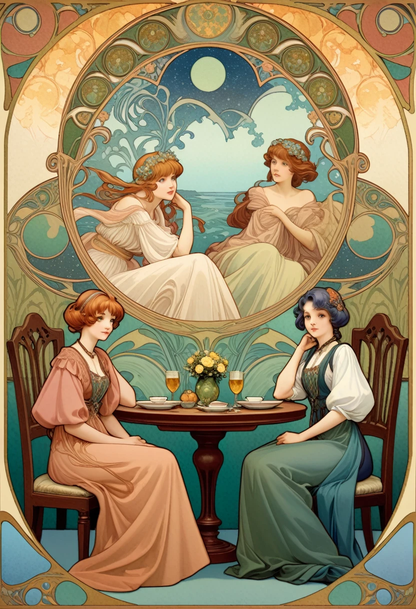there is a painting of a group of people sitting around a table, baroque style painting backdrop, alphonse mucha background, art noveau fresco, background art nouveau, 2 5 6 x 2 5 6, 256x256, alfonse mucha detailed, anime art nouveau, ballroom background, slav epic, art nouveau wallpaper, anime art nouveau cosmic display