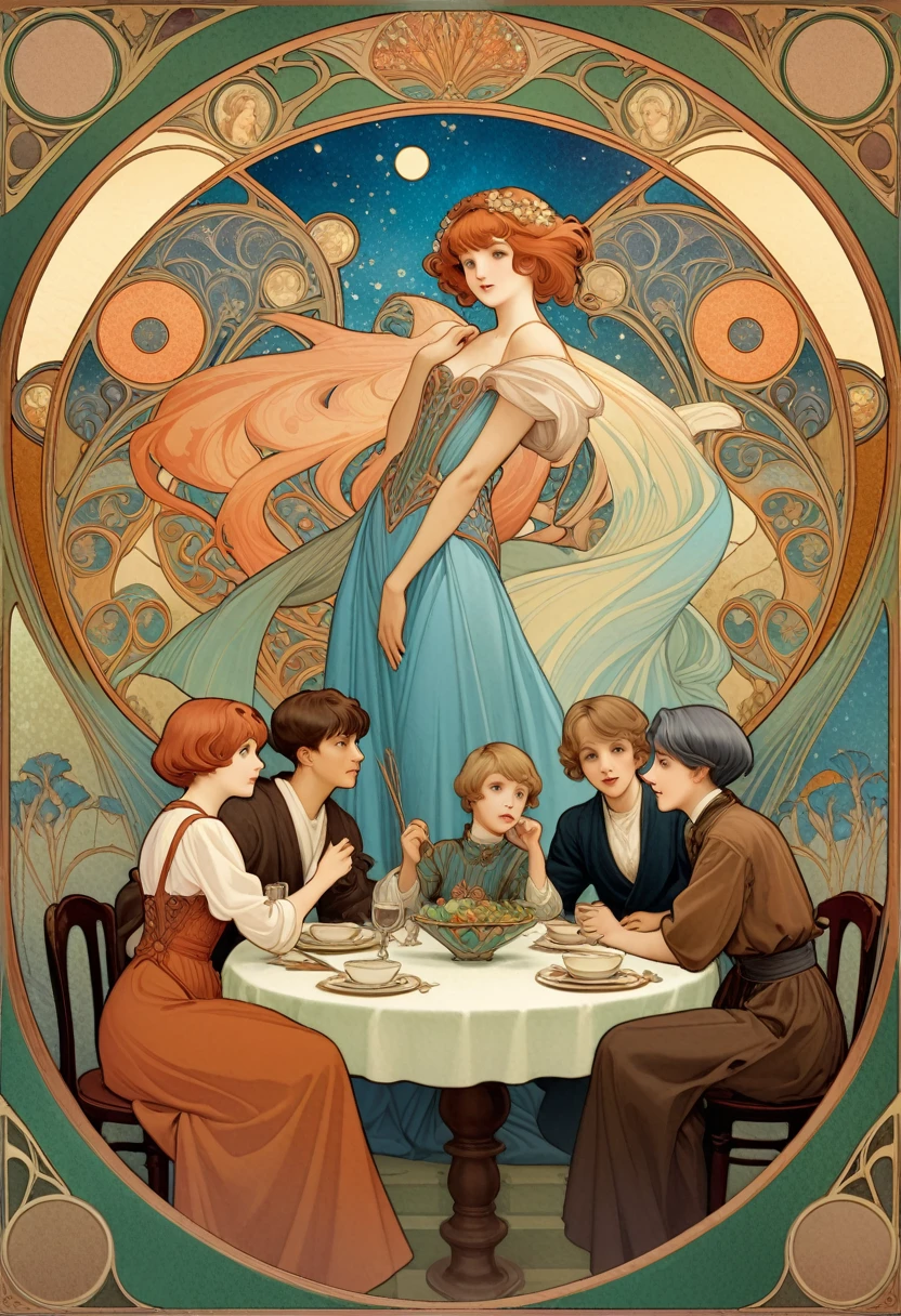 there is a painting of a group of people sitting around a table, baroque style painting backdrop, alphonse mucha background, art noveau fresco, background art nouveau, 2 5 6 x 2 5 6, 256x256, alfonse mucha detailed, anime art nouveau, ballroom background, slav epic, art nouveau wallpaper, anime art nouveau cosmic display