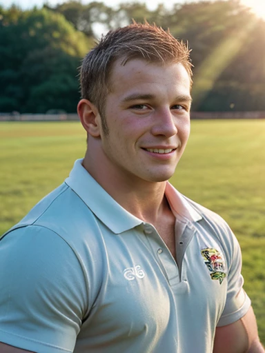 analog photograph of, a 32yo stockymusclecub rugby player wearing rugby shirt, nude, penis, (film grain, film photography, natural light), looking to the side, smirking(grass field:0.1),