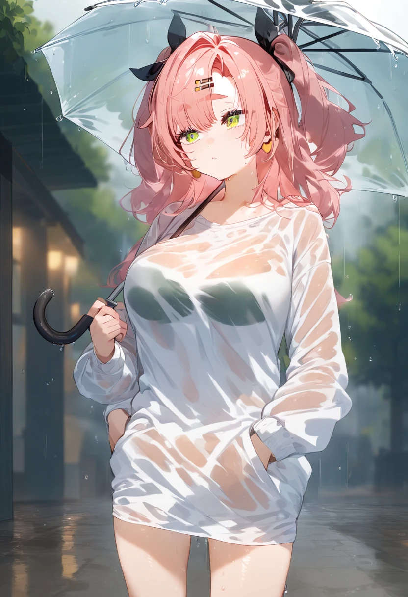 An anime girl，Pink Hair，Green eyes，Umbrella，Rainy Day，Get soaked，Red cheeks