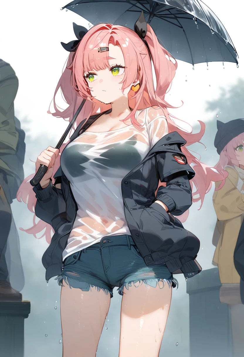 An anime girl,Pink Hair,Green eyes,Umbrella,Rainy Day,Get soaked,Red cheeks