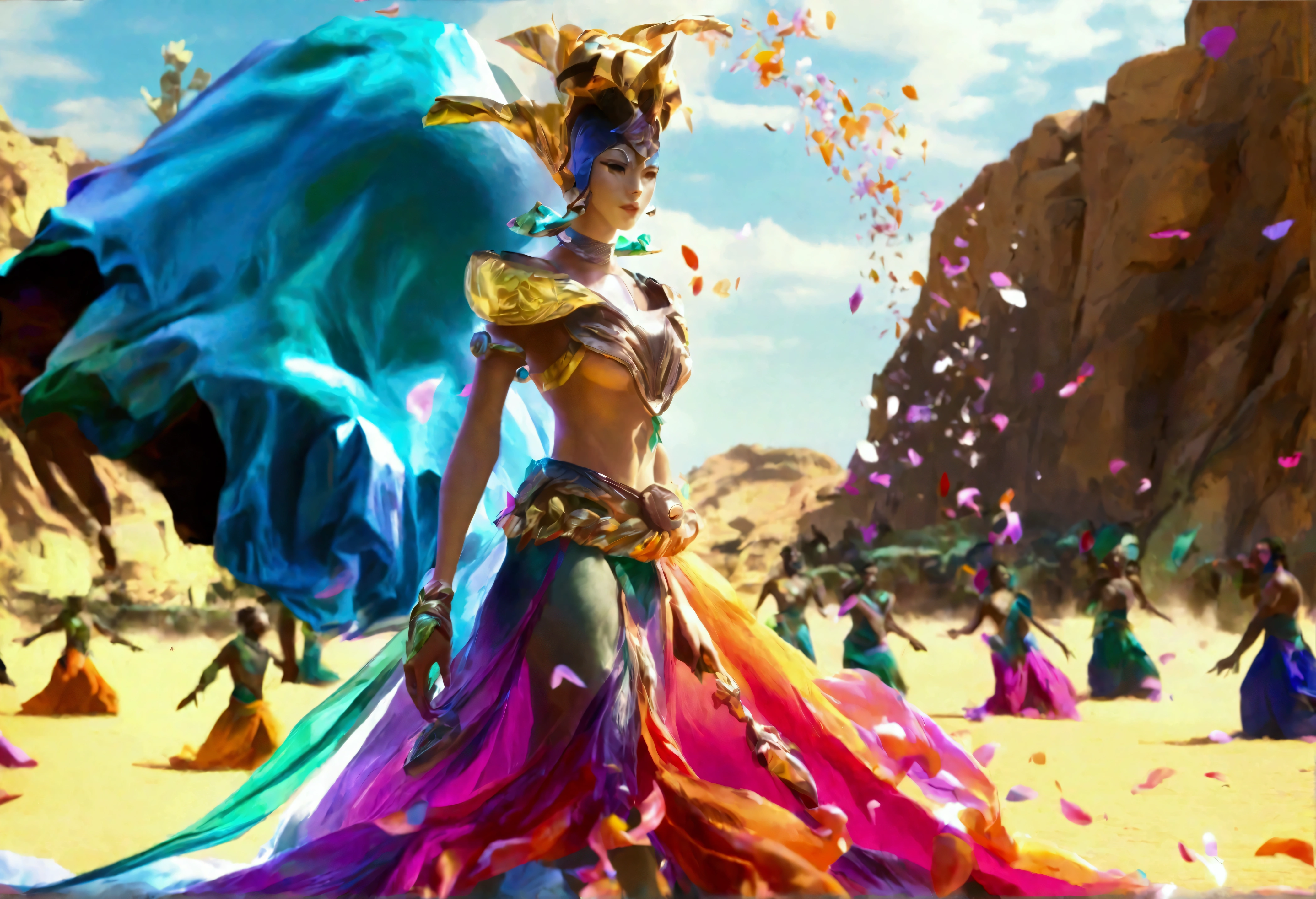 A huge blue-green humanoid female with a broad mouth, wearing a royal tiara and a sheer colorful cloak, riding on a hover barge in a desert setting, with slaves tossing flower petals around her, hyper detailed, ultra-realistic, 8K, photorealistic, intricate details, cinematic lighting, lush colors, dramatic shadows, volumetric lighting, depth of field, award winning digital art
