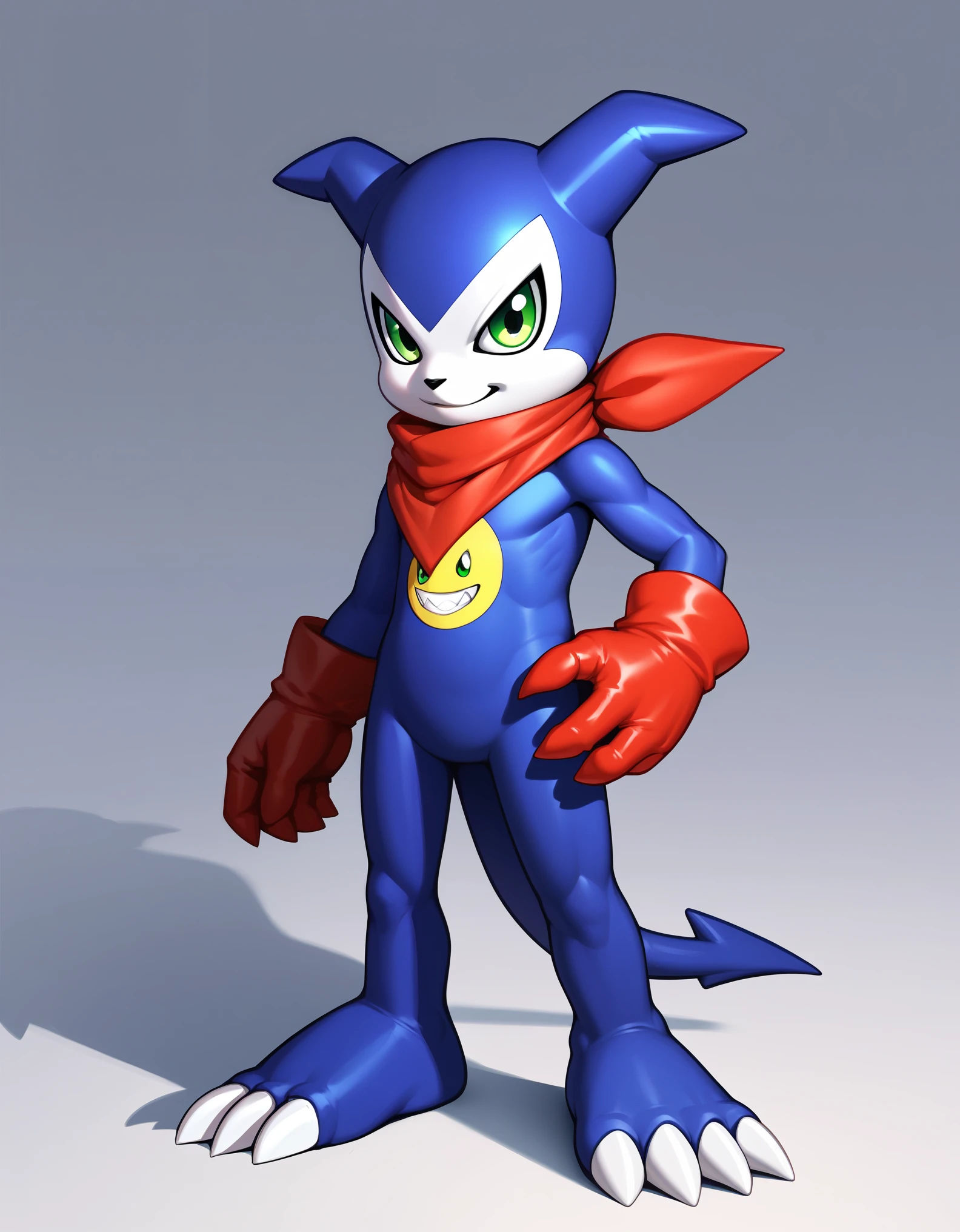 score_9, score_8_up, score_7_up, source_anime, impmon, 1boy, solo, digimon (creature), no humans, full view, green eyes, tail, gloves, claws, red gloves, scarf, standing, looking at viewer