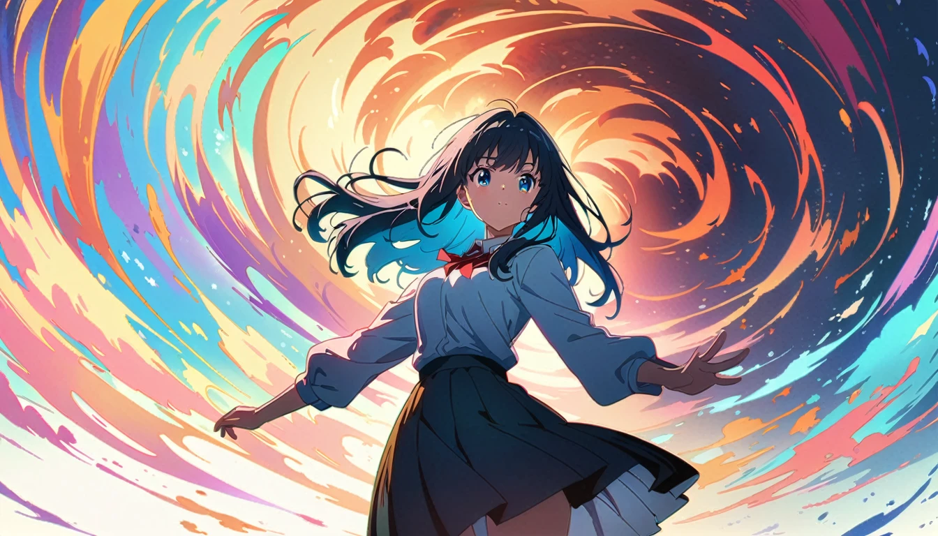 no lineart、no lineart、no lineart、no lineart、(Highest quality:1.2, Very detailed, Anime Style, Digital Painting, Studio Anime, Ultra-high resolution, High Contrast, masterpiece:1.2, Highest quality, Best aesthetics), 1 female, high school student、skirt、no lineart、anime screencap,depth of field
