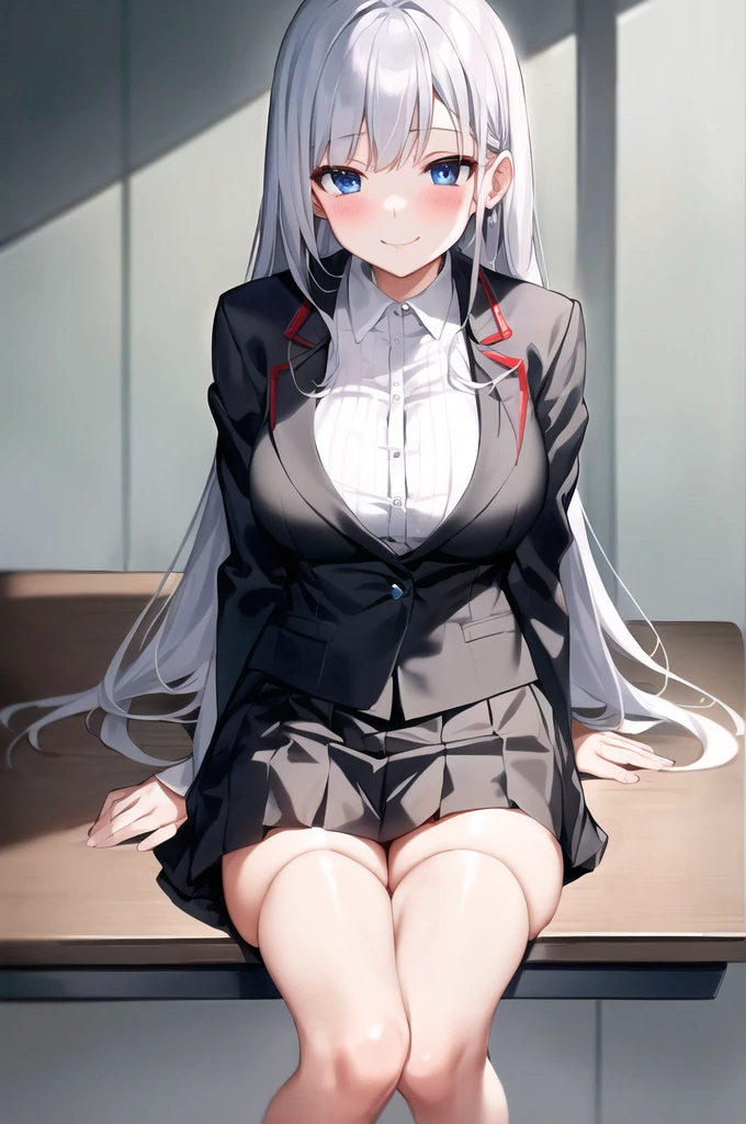 score_9, score_8_up, score_7_up, score_6_up, score_5_up, score_4_up, source_anime, anime screencap, uncensored, 1girl, solo,zPDXL,
anime screencap,AlisaMikhailovnaKujou,silver hair,ahoge,long hair,one red hairribbon,blue eyes,
BREAK
school_uniform,jacket,black vest, white_thighhighs, white panties,
from below, pov, feet, stepped on, smile, heavy blush, half closed eye, smug,
classroom, Daytime,
(Beautiful, medium Breasts:1.2), natural breasts, sitting,