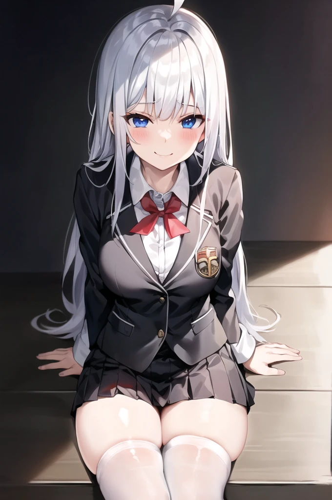 score_9, score_8_up, score_7_up, score_6_up, score_5_up, score_4_up, source_anime, anime screencap, uncensored, 1girl, solo,zPDXL,
anime screencap,AlisaMikhailovnaKujou,silver hair,ahoge,long hair,one red hairribbon,blue eyes,
BREAK
school_uniform,jacket,black vest, white_thighhighs, white panties,
from below, pov, feet, stepped on, smile, heavy blush, half closed eye, smug,
classroom, Daytime,
(Beautiful, medium Breasts:1.2), natural breasts, sitting,