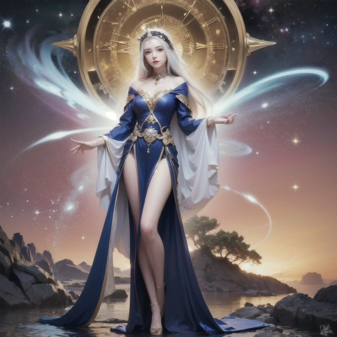 (Time Goddess:1.2) (ethereal presence:1.1) (flowing silver hair:1.1) (glowing blue eyes:1.1) (ancient clock motifs:1.2) (cosmic background:1.3) (golden gears and cogs:1.3) (shimmering robe:1.2) (celestial patterns:1.1) (delicate silver jewelry:1.1) (radiant in dark cosmos:1.4) (fantasy art:1.3) (hourglass in hand:1.3) (floating timepieces:1.3) (depth and dimension:1.3) (divine energy:1.2) (radiating wisdom and power:1.3) (hyper-realistic:1.2) (detailed textures:1.2) (exquisite lighting:1.2) (standing tall:1.3) (solemn and timeless:1.3) (full body height 2/3 of image:1.2) (supernatural and divine:1.4) (ultra-sharp details:1.4)