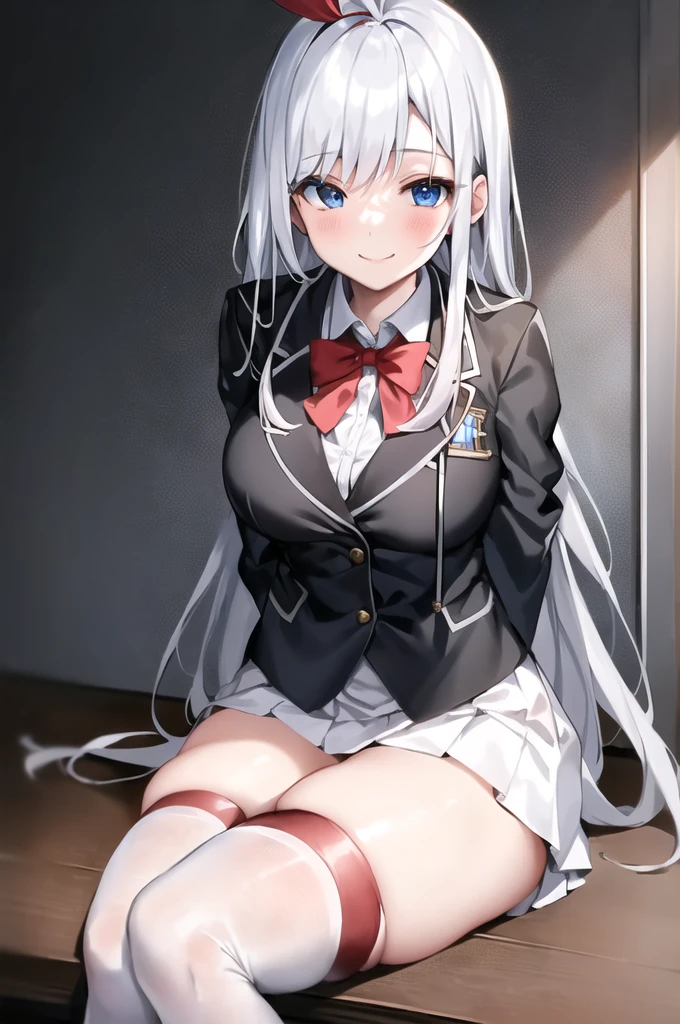 score_9, score_8_up, score_7_up, score_6_up, score_5_up, score_4_up, source_anime, anime screencap, uncensored, 1girl, solo,zPDXL,
anime screencap,AlisaMikhailovnaKujou,silver hair,ahoge,long hair,one red hairribbon,blue eyes,
BREAK
school_uniform,jacket,black vest, white_thighhighs, white panties,
from below, pov, feet, stepped on, smile, heavy blush, half closed eye, smug,
classroom, Daytime,
(Beautiful, medium Breasts:1.2), natural breasts, sitting,