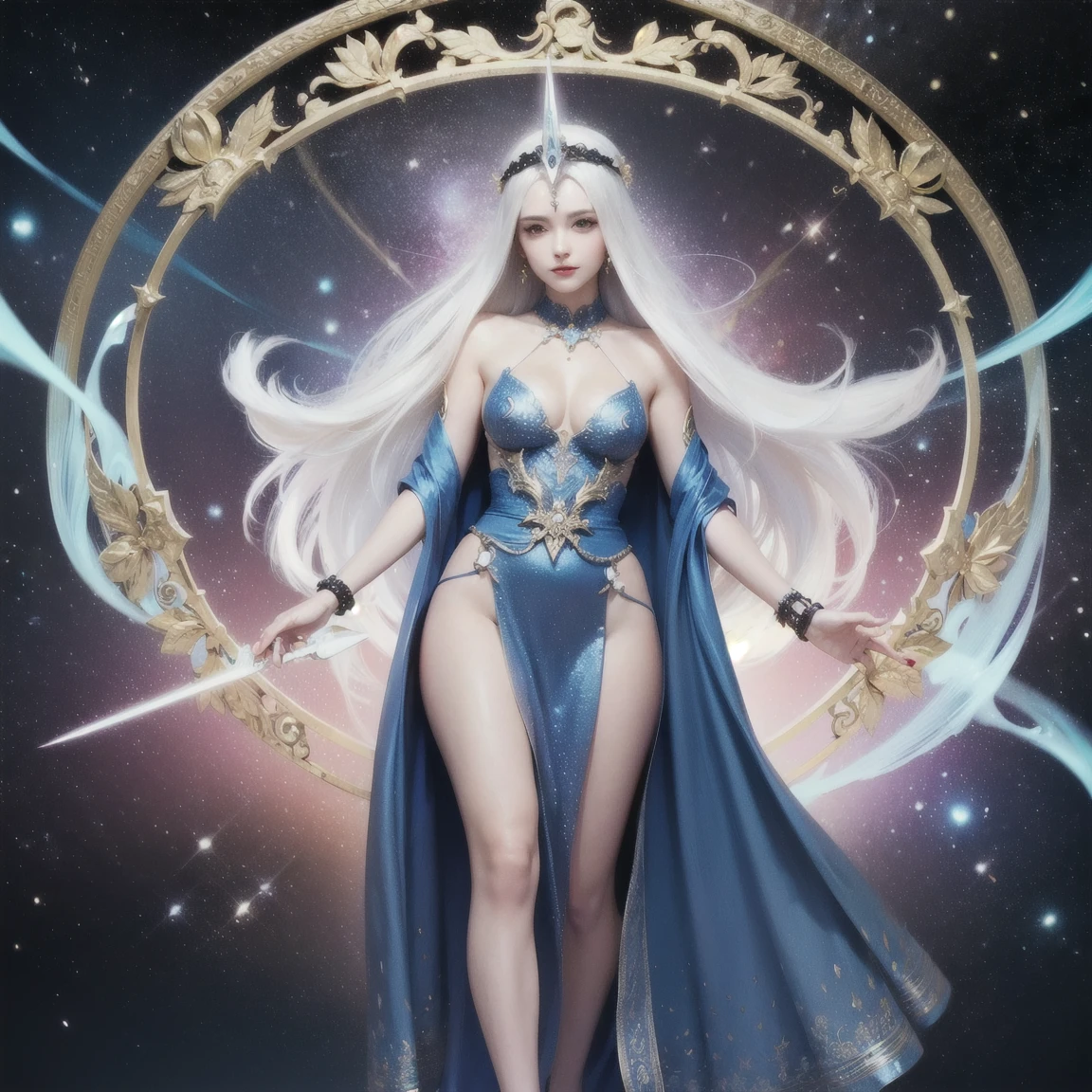 (Time Goddess:1.2) (ethereal presence:1.1) (flowing silver hair:1.1) (glowing blue eyes:1.1) (ancient clock motifs:1.2) (cosmic background:1.3) (golden gears and cogs:1.3) (shimmering robe:1.2) (celestial patterns:1.1) (delicate silver jewelry:1.1) (radiant in dark cosmos:1.4) (fantasy art:1.3) (hourglass in hand:1.3) (floating timepieces:1.3) (depth and dimension:1.3) (divine energy:1.2) (radiating wisdom and power:1.3) (hyper-realistic:1.2) (detailed textures:1.2) (exquisite lighting:1.2) (standing tall:1.3) (solemn and timeless:1.3) (full body height 2/3 of image:1.2) (supernatural and divine:1.4) (ultra-sharp details:1.4)