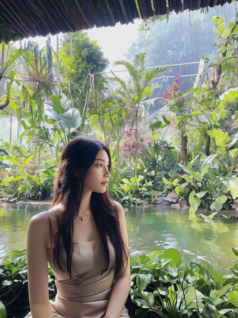 there is a woman sitting on a bench in a garden, amidst nature, jungles in the background, filled with fauna, in a jungle environment, ancient garden behind her, standing in a botanical garden, nature goddess, in a jungle, smooth in _ the background, in the background is lush jungle, in a tropical forest, 🤬 🤮 💕 🎀, beautiful aesthetic