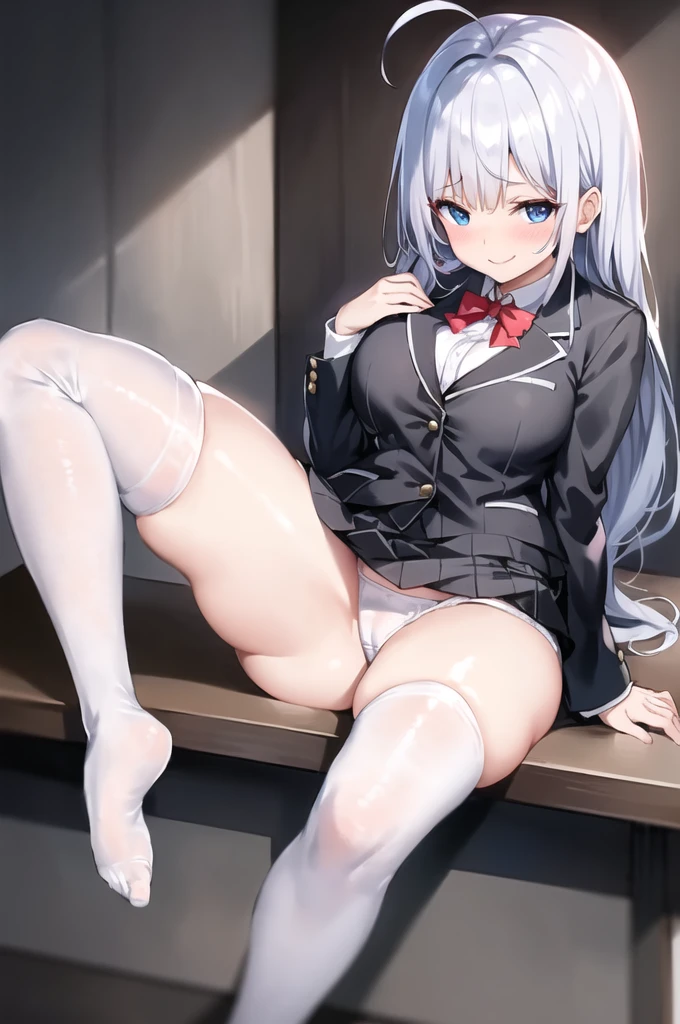 score_9, score_8_up, score_7_up, score_6_up, score_5_up, score_4_up, source_anime, anime screencap, uncensored, 1girl, solo,zPDXL,
anime screencap,AlisaMikhailovnaKujou,silver hair,ahoge,long hair,one red hairribbon,blue eyes,
BREAK
school_uniform,jacket,black vest, white_thighhighs, white panties,
from below, pov, feet, stepped on, smile, heavy blush, half closed eye, smug,
classroom, Daytime,
(Beautiful, medium Breasts:1.2), natural breasts, sitting,