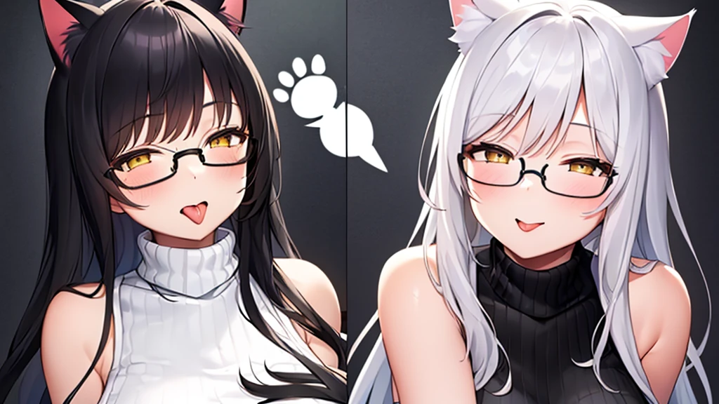 2 young women (1 Person: A 20-year-old female angel with long, white hair, yellow eyes, cat ears, and a glowing yellow halo ring above her head. Wear round glasses (White halter turtleneck sweater, white purekiller sweater, sleeveless, sexy backless sweater, white dress)) (1 person, cat girl, 20 years old, long hair, black hair, gray eyes, cat ears, wears round glasses. (Black halter turtleneck sweater, black purekiller sweater, sleeveless, backless sweater, sexy black dress)) stick out your tongue