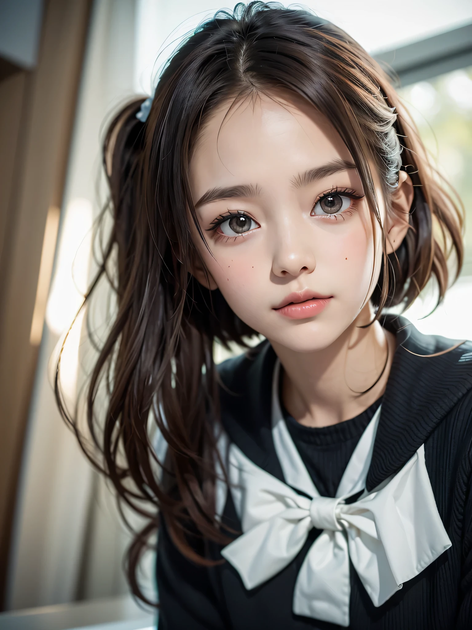 One Girl,(1人のとてもcute女の子:1.3),masterpiece,Highest quality,High resolution,From below,Low - Angle,Photorealistic,RAW Photos,Ray Tracing,beautiful girl,(:1.3),cute,Big eyes,(detailed pupils:1.2),(The face is facing forward:1.3),Cute nose,Beautiful nose,Upturned nose,Fuller lips,Short brown hair,ponytail,short hair,Detailed eyelashes,Thin eyebrows,Very fine grain definition,(Symmetrical eyes:1.3),(Face close-up,Face Focus:1.0),Small breasts,Short neck,Sailor suit,People emerge,Dark Background,Portrait,View Viewer,Upper Body,Cinema Lighting,Soft Light,Very detailed