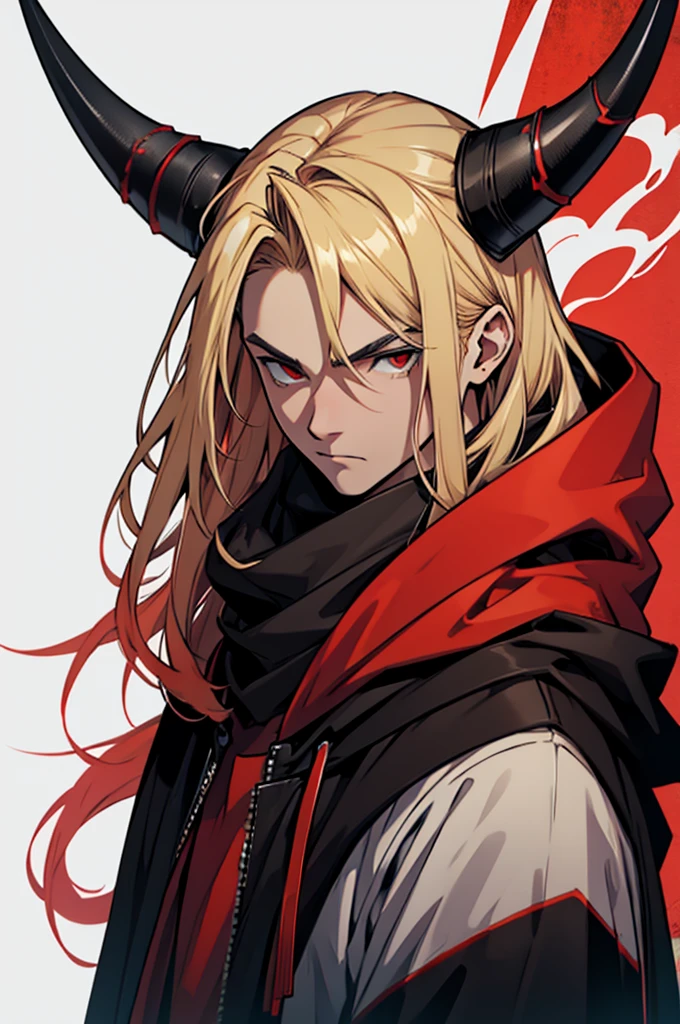 Teenager, red horns, black eyes, imposing face, blond hair, with black cloak with hood on his head