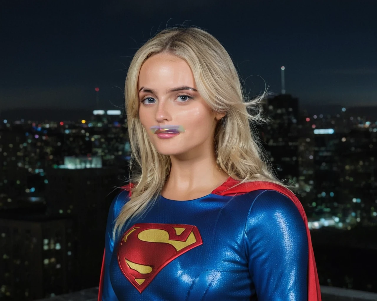 cinematic film still of ((Millie Gibson)) as supergirl ,wearing supergirl suit, standing on a roof top overlooking a city ,look up, serious expression, depth of field, telephoto lens, medium blonde hair, looking up,(full body focus),half closed-eyes, central composition, night time, at night, shallow depth of field, highly detailed, high budget, bokeh, cinemascope, depressing, epic, gorgeous, film grain, grainy, ((Interrupted left brow)),