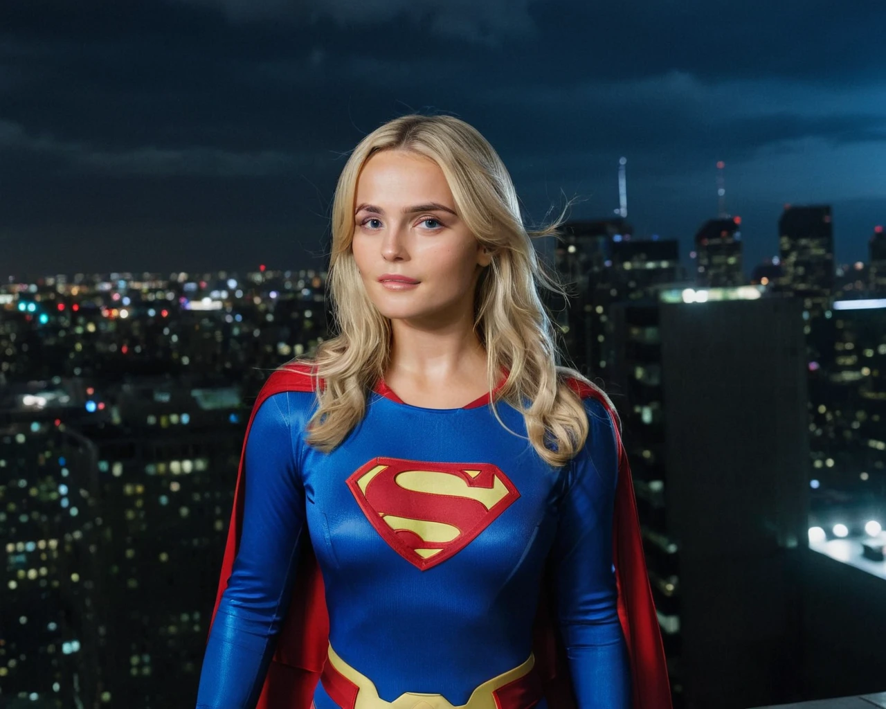 cinematic film still of ((Millie Gibson)) as supergirl ,wearing supergirl suit, standing on a roof top overlooking a city ,look up, serious expression, depth of field, telephoto lens, medium blonde hair, looking up,(full body focus),half closed-eyes, central composition, night time, at night, shallow depth of field, highly detailed, high budget, bokeh, cinemascope, depressing, epic, gorgeous, film grain, grainy, ((Interrupted left brow)),