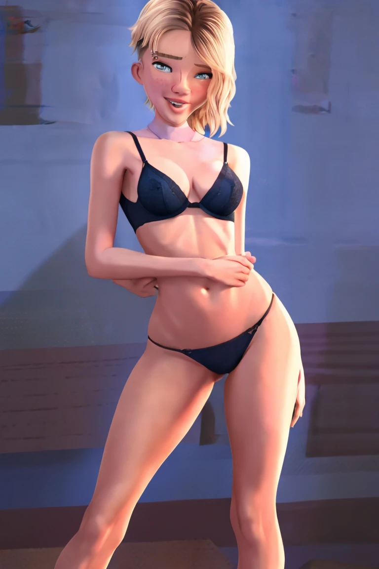 (Best Quality, Masterpiece),sexy, erotic, 1 girl, 12 years, contempt, pride, short hair, ((Blue eyes)), looking at the viewer, looking at the viewer, warm light, (((bra and panties))), ((standing)), (medium breasts), ((black straps platform high heels shoes)), long legs, ((affected smile)), ((fold))