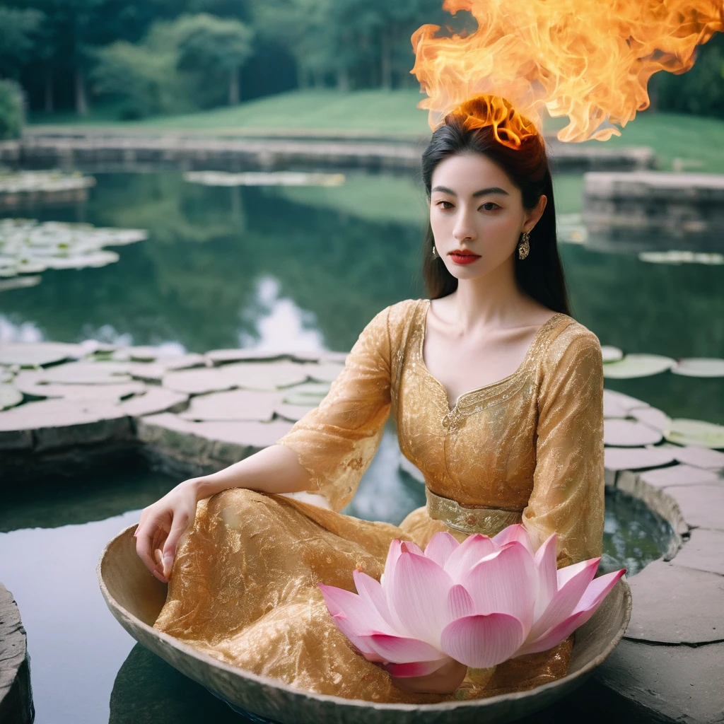 Candid closeup photo of an eccentric traditional gorgeous young beautiful face lotus princess, still from the film, ((solo)), (Anne Hathaway look alike face: 0.9), placing a lotus shaped bowl of fire in water, haute couture, symmetry, colorful palace gardens, river with bowls of fire, summer, pastel colors, Leica SL3, Summicron-SL 75 f/2 ASPH, kodak gold 200 film, dynamic action pose,