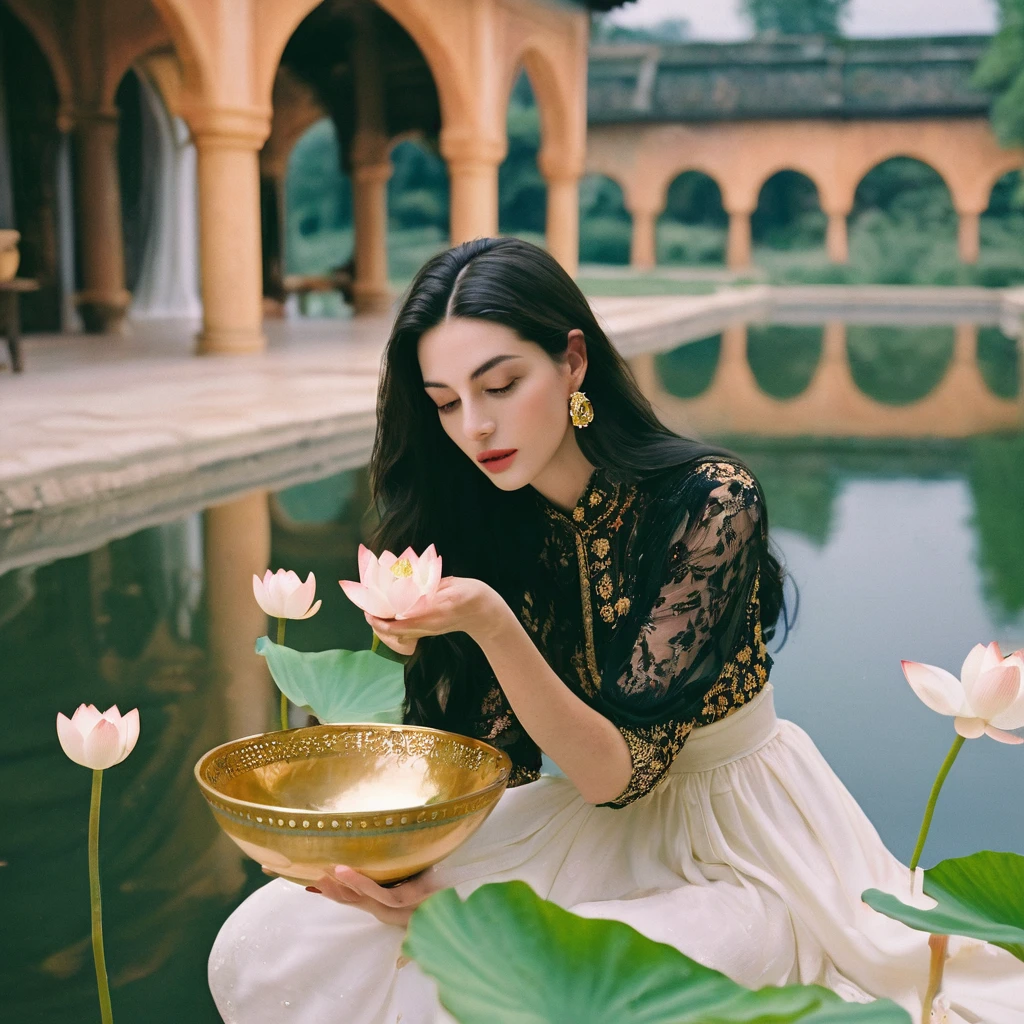 Candid closeup photo of an eccentric traditional gorgeous young beautiful face lotus princess, still from the film, ((solo)), (Anne Hathaway look alike face: 0.9), placing a lotus shaped bowl of fire in water, haute couture, symmetry, colorful palace gardens, river with bowls of fire, summer, pastel colors, Leica SL3, Summicron-SL 75 f/2 ASPH, kodak gold 200 film, dynamic action pose,