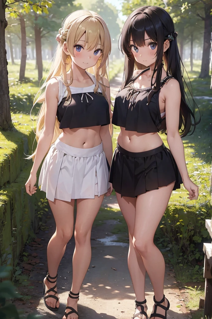 young greek warriors girls in togas , only girls , forest in the background , light armor , sandals , sexy, exposed belly, muscular girl, defined abdomen,stomach, multiple girls, midriff, looking at viewer, blonde hair , long hair, bare shoulders, white skirt, skirt, outdoors, sanda
