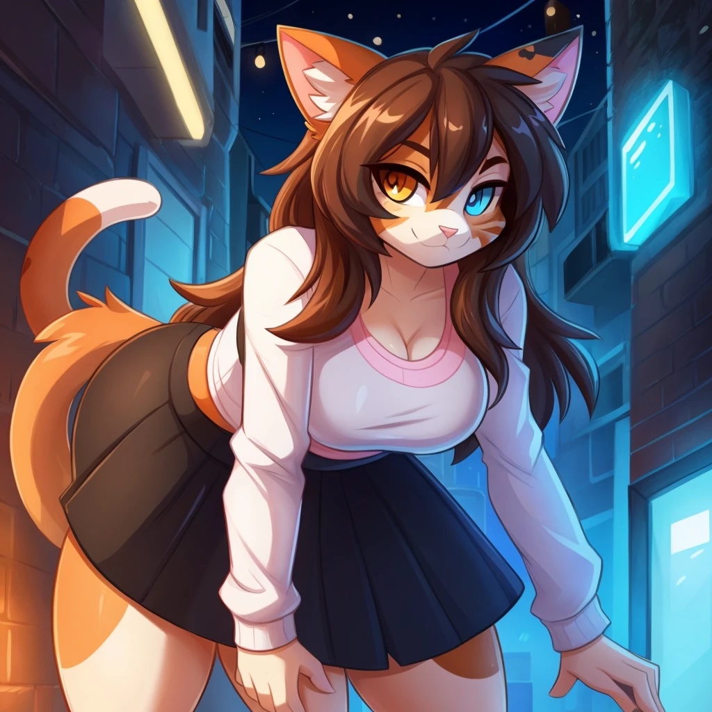 by Kilinah, by Coffeesoda, by Hioshiru, by Kilinah, uploaded E621, beautiful and detailed portrait of a woman (((female))) anthro cat, lighting Zenematic, seductive, bl, cat, thighighs, big chest, full body, beautiful, messy hair, brown hair, white eyes, thicc, solo, standing, long hair, 2-tone hair ((orange | black)), cat ears,  Totora, Totora, Thighighs, Calico cat, Heterochromia ((green | blue)), pink crop top with long sleeves, black skirt, dark alley, bent over