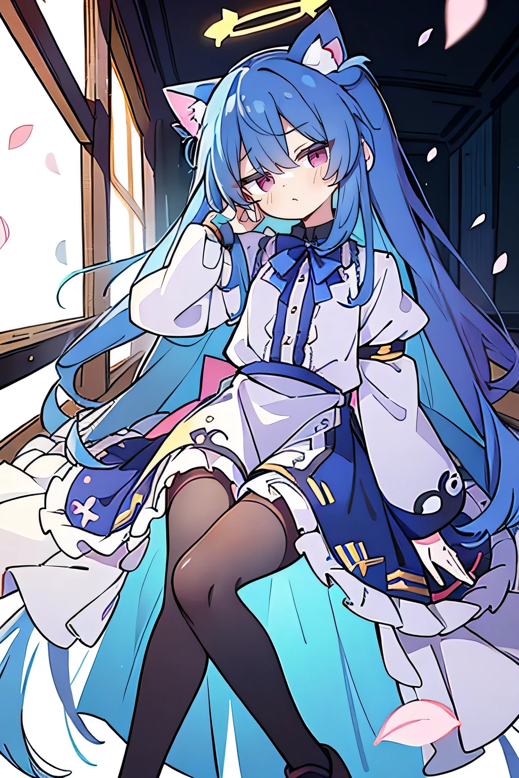 (masterpiece:1.2),Super detailed,lifelike,Expressive eyes,fair skin,perfect face shape,1 girl,
Japanese comics,Gorgeous blue hair,flowing blue hair,flowing clothes,Cat ears,Petals fall,beautiful lola,Baby Angel,
,Cross your legs,Gentle and peaceful background,The pavilion is cool and comfortable, ((masterpiece:1.4,最high quality)),(Super detailed),Official Art,Unity 8k Wallpaper,Super detailed,Beautiful appearance,high quality,Cute,masterpiece,最high quality,(flat chest),Human body,a character portrait,Standing,long suspender skirt,Yuri,(Black tights),There is a halo on the head