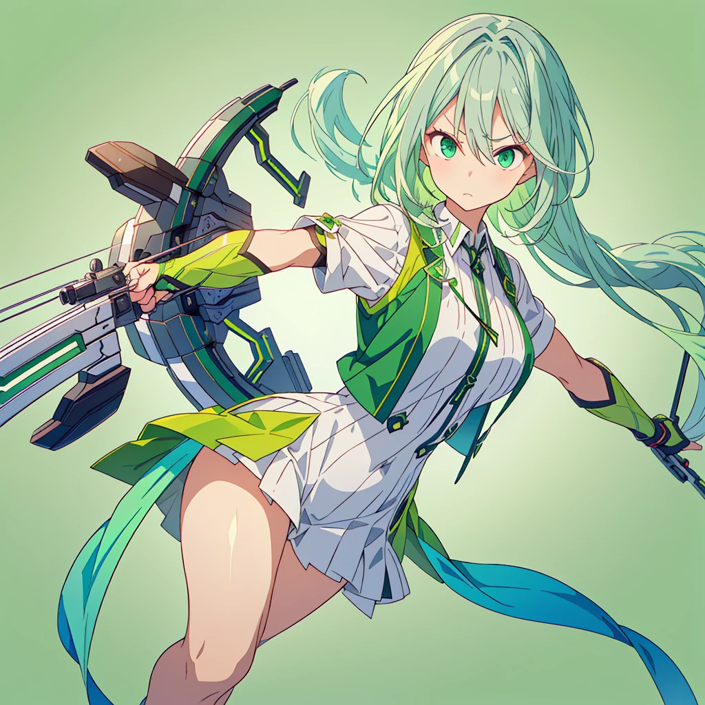 1girl、Dynamic composition、((Perspective Lens, Gray hair and light green gradient hair color, Long Hair、 A dynamic pose with a serious and determined expression, Holding a large crossbow and pulling it towards the viewer )) 、((Pure Green Background:1.2)),Looks like she's in her early 20s,Shooting in mid-motion,With her long braided hair fluttering. Her outfit is reminiscent of cyberpunk.,Black and lime green color palette,And she's casually throwing money around,Be playful、Super huge、whole body、detailed、bow
