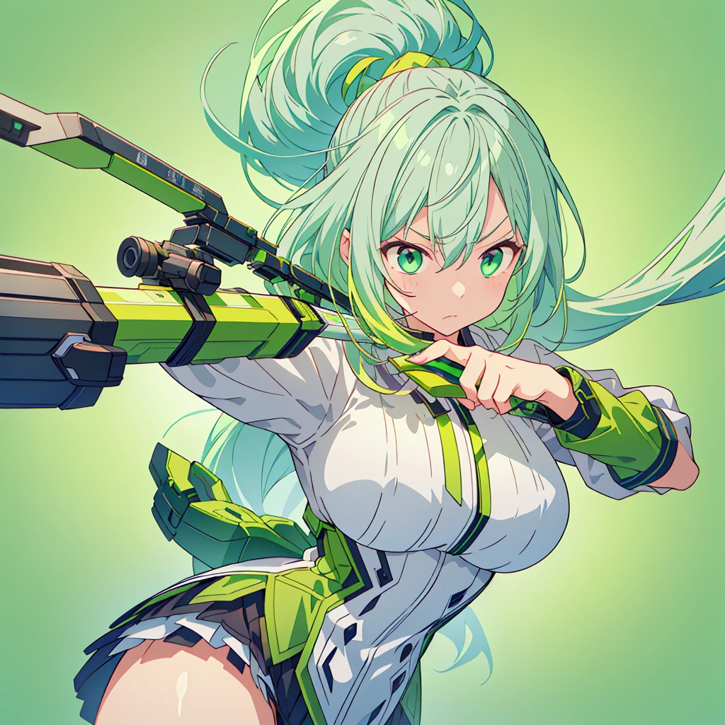 1girl、Dynamic composition、((Perspective Lens, Gray hair and light green gradient hair color, Long Hair、 A dynamic pose with a serious and determined expression, Holding a large crossbow and pulling it towards the viewer )) 、((Pure Green Background:1.2)),Looks like she's in her early 20s,Shooting in mid-motion,With her long braided hair fluttering. Her outfit is reminiscent of cyberpunk.,Black and lime green color palette,And she's casually throwing money around,Be playful、Super huge、whole body、detailed、bow