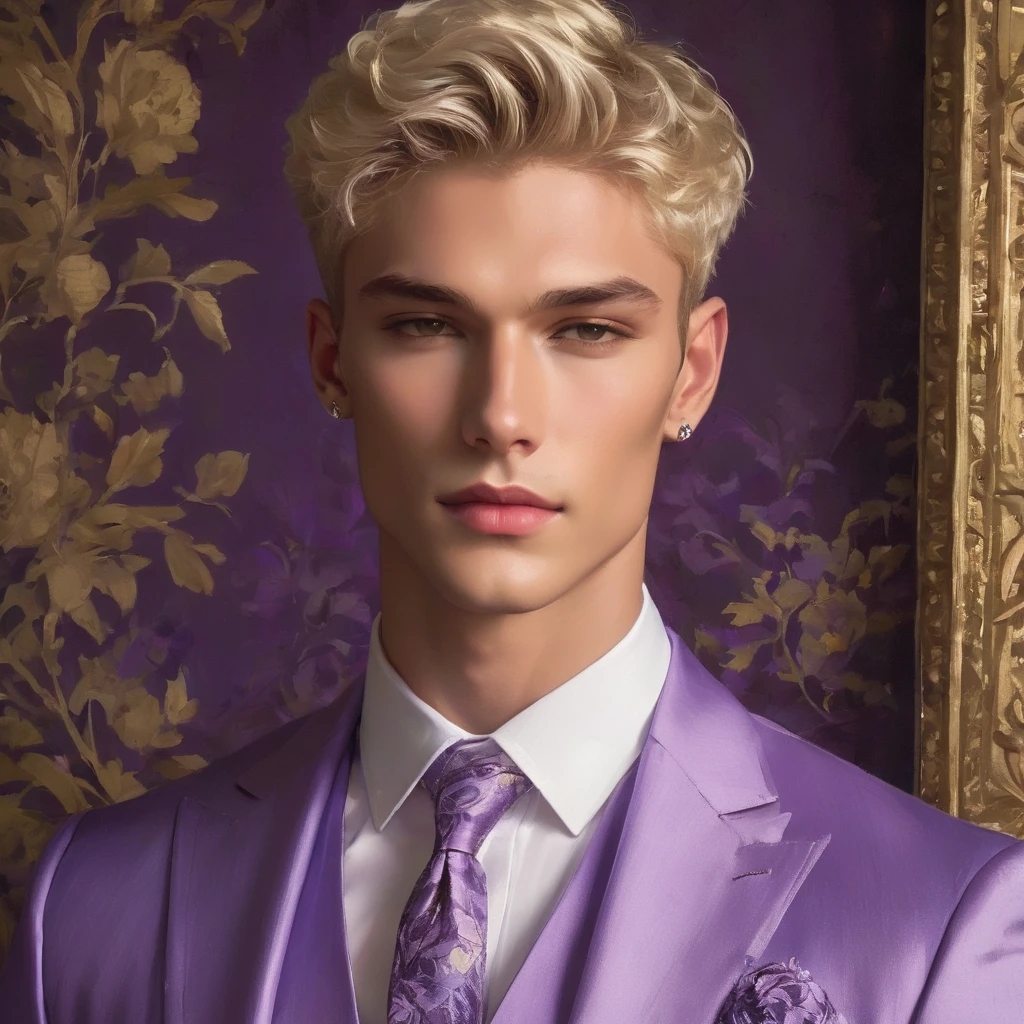 Candid image of mixed male supermodel, 25 year old, short platinum hair, masculine appearance with slender physique, symmetric face, natural olive skin tone, exudes youthfulness and athleticism, he is very photogenic, Position against an ornate dark background featuring a framed purple floral painting wallpaper to add depth and richness to the scene, Depict Lucifer as a charismatic and sophisticated figure dressed in a casual yet elegant light purple outfit. He is a striking presence with an air of mystery and intelligence. He wears a well-fitted, light purple blazer over a white shirt, with dark jean, semi hard bulge, expression is serene and slightly introspective, with a soft confident gaze directed slightly off-camera, Utilize natural soft lighting streaming in from a window, casting gentle highlights and shadows that accentuate the contours of his face and the texture of his outfits, The light creates a warm intimate atmosphere with a golden tone that enhances his skin, The interplay of light and shadow adds depth and dimension to the scene, slightly blurred focus background, bringing into sharp clear detail while the rich tones of the background enhance the overall opulence of the image. Capture full-body short, dynamic angle, using a Canon EOS R7 and Sigma AF 85mm F1.4 EX DG HSM lens by Thomas Synnamon, Employ a shallow depth of field to focus on his face and body, Draw inspiration from high-fashion photographer, emphasize detail, texture and a sophisticated luxurious atmosphere, Emphasize the golden warm lighting and its effect on enhancing his features and the rich textures, creating a visually captivating and elegant portrait that exudes warmth and sophistication, The overall mood blend the classical elegance of the modern, high-fashion aesthetic, producing an image that feels both timeless and contemporary, raw photo, masterpiece, best quality, Correct body structure, Correct photo distance,