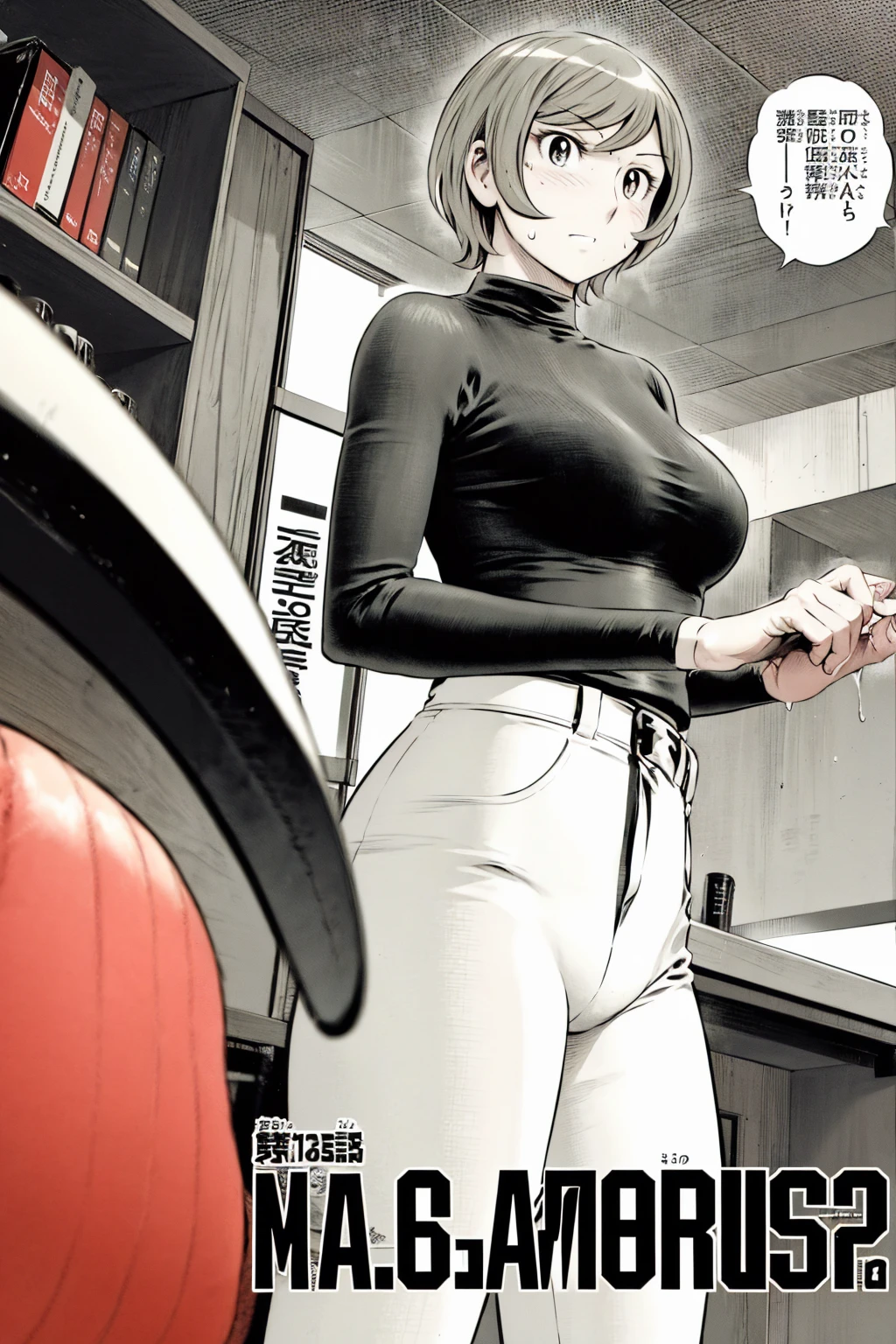 、(masterpiece、Highest quality)、Highest quality, Ultra-high resolution, (((masterpiece))), alone, Sweat、Big eyes,Tight black shirt、Tight white pants、belt、indoor、Composition from the front、（後ろCut your hair short、short hair、blonde、woman）、Shortcuts、Embarrassed face、Cut your hair short、可愛いwomanの子、Big Breasts、office