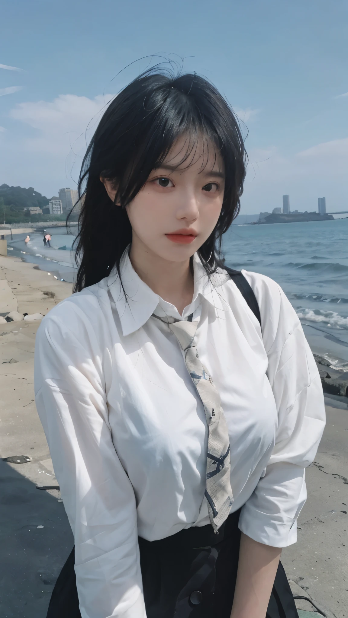 Best quality，masterpiece，Ultra-high resolution，16K,Beach Background，（Photo Realism：1.4),1 Girl，JK，Sexy，（Shirt and Tie：1.2),（Big breasts：1.3),（Upper body：1.4)