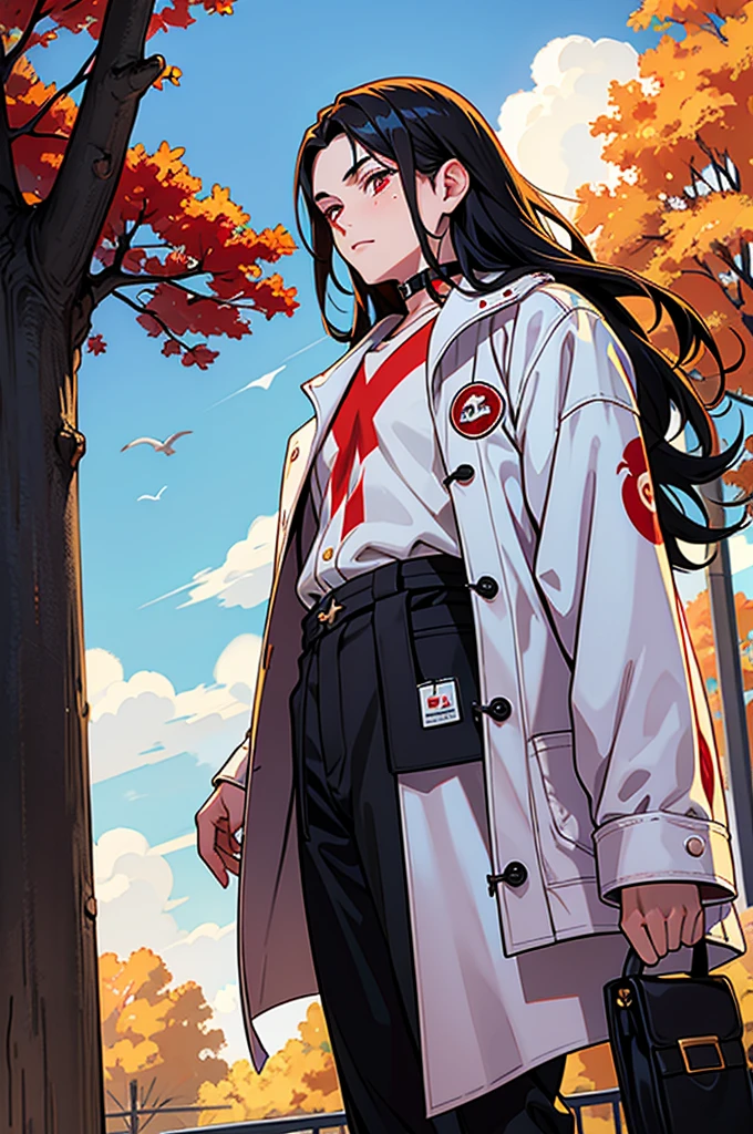 Long black hair, boy, cute face, golden hair tips, blood crimson red eyes, freckles cheeks, cloud choker, long white coat, logo Biggie Cock, perfect hands, long wide pants, stuck in a tree, sunny park.
