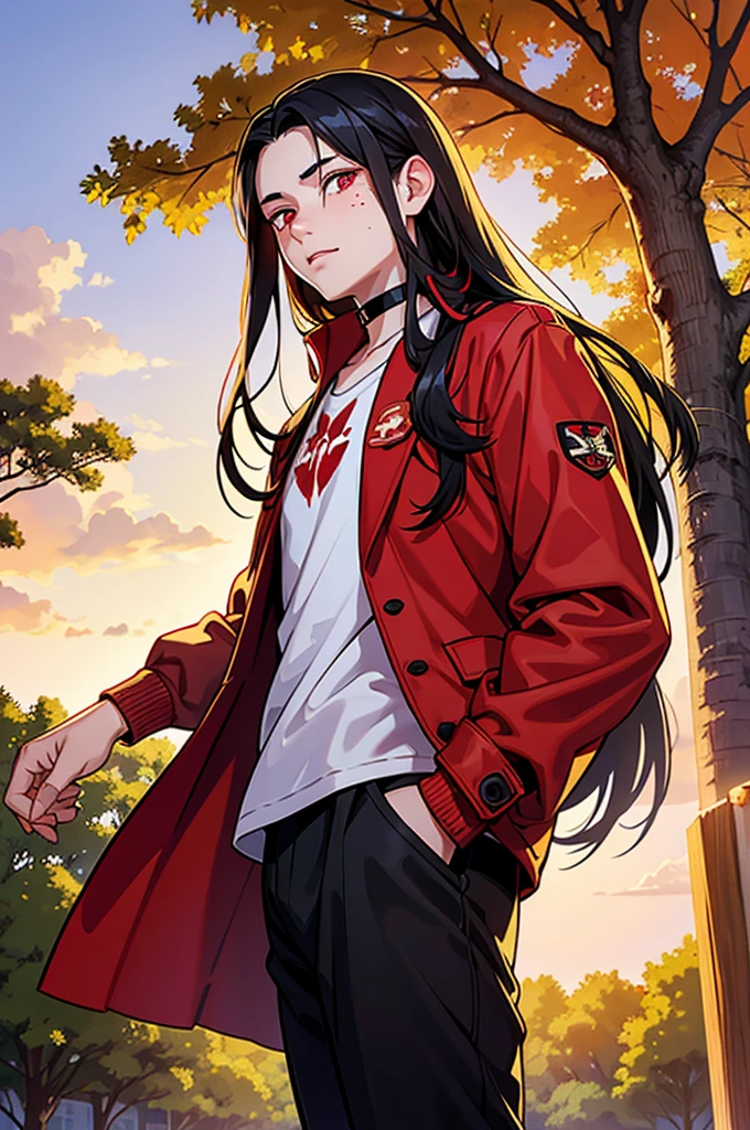 Long black hair, boy, cute face,  golden hair tips, blood crimson red eyes, freckles cheeks, cloud choker, long white coat, logo Biggie Cock, perfect hands, long wide pants, stuck in a tree, sunny park.