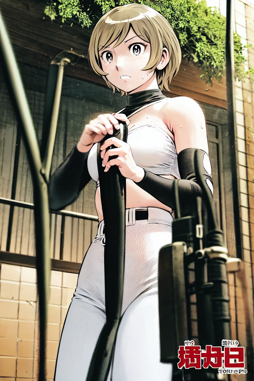 (Baseball uniforms:1.2),
blonde, (short hair:1.2),White trousers、Black belt、((Illustration of people))、Tube top bra、
View your viewers,, (Highest quality:1.3), White pants、Outdoor、baseball ground、ground、soil、blue eyeasterpiece、Highest quality)、Highest quality, Ultra-high resolution, (((masterpiece))), alone, Sweat、Big eyes、Large breasts、Torn clothes、 Fully exposed、Nipples、One Girl, Front view、Embarrassed face、Bronze colored hair、((short hair))、Stand up straight、Cowboy Shot