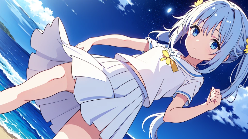A nice white shirt that lets you see.. 、Light blue flared skirt with ruffles、She lifts her skirt with both hands to show off her pretty white underwear..、Cute white underwear visible when you lift your skirt..、sandy beach, beautiful sea, night and starry sky small breasts blue hair