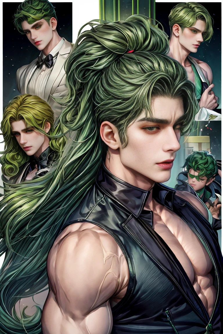 gekko style, valorant, 1boy, green hair, brown eyes, muscular, curly hair, long hair, gift, dark, mysterious, well-behaved, , bts, causal clothing, handsome, collage, naughty face