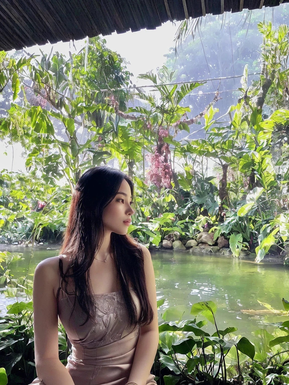there is a woman sitting on a bench in a garden, amidst nature, jungles in the background, filled with fauna, in a jungle environment, ancient garden behind her, standing in a botanical garden, nature goddess, in a jungle, smooth in _ the background, in the background is lush jungle, in a tropical forest, 🤬 🤮 💕 🎀, beautiful aesthetic