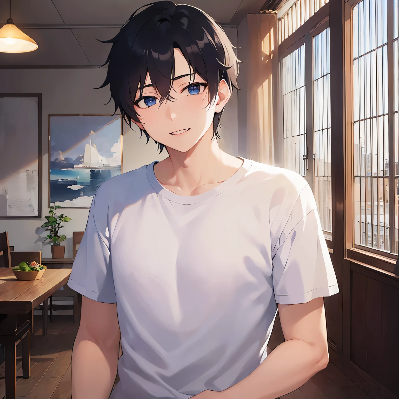 (25-year-old male:1.5) and (Black short hair) and (blue eyes)
(white) and (T-Shirts),(looking at viewer:1.5),upper body、
shiny skin, masterpiece、Highest quality、
smile、The background is the dining room at night、(Alone:1.5)
