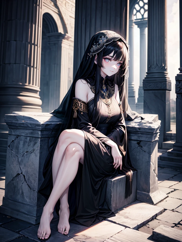 Beautiful, majestic, melancholic, woman, solo-girl, long black hair, pale white skin, indigo eyes, narrow eyes, sly smile, (black dress:1.1), (black and blue veil:1.1), sitting on a stone pillar, dark ancient temple in background, rays of moonlight
