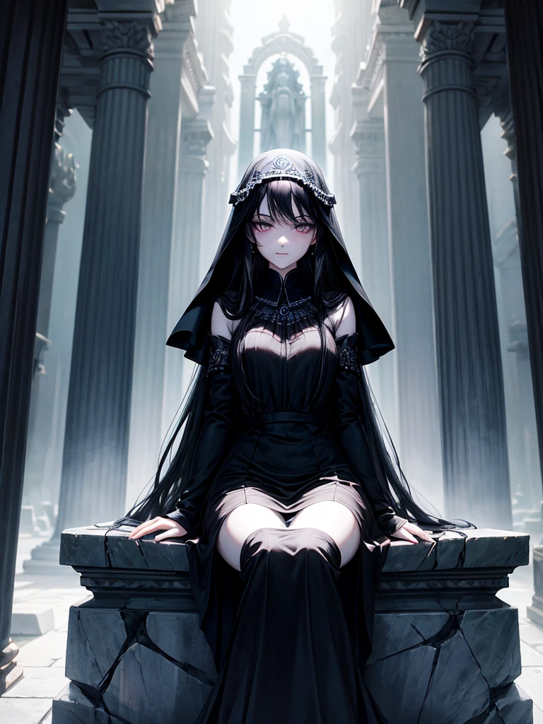 Beautiful, majestic, melancholic, woman, solo-girl, long black hair, pale white skin, indigo eyes, narrow eyes, sly smile, (black dress:1.1), (black and blue veil:1.1), sitting on a stone pillar, dark ancient temple in background, rays of moonlight