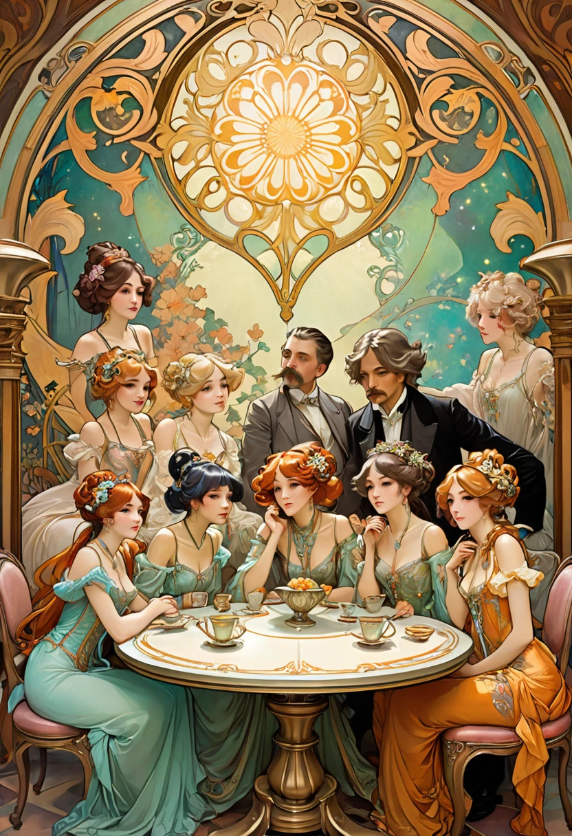 there is a painting of a group of people sitting around a table, baroque style painting backdrop, alphonse mucha background, art noveau fresco, background art nouveau, 2 5 6 x 2 5 6, 256x256, alfonse mucha detailed, anime art nouveau, ballroom background, slav epic, art nouveau wallpaper, anime art nouveau cosmic display