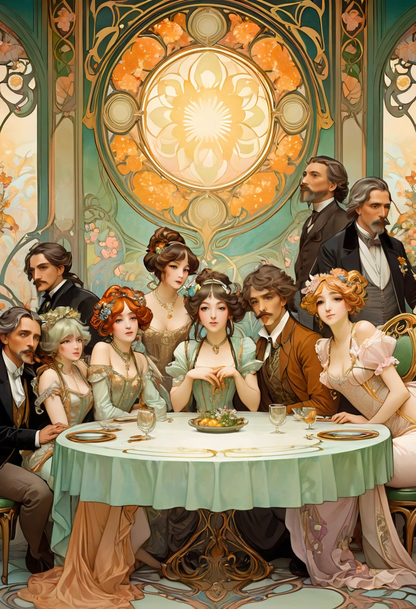 there is a painting of a group of people sitting around a table, baroque style painting backdrop, alphonse mucha background, art noveau fresco, background art nouveau, 2 5 6 x 2 5 6, 256x256, alfonse mucha detailed, anime art nouveau, ballroom background, slav epic, art nouveau wallpaper, anime art nouveau cosmic display