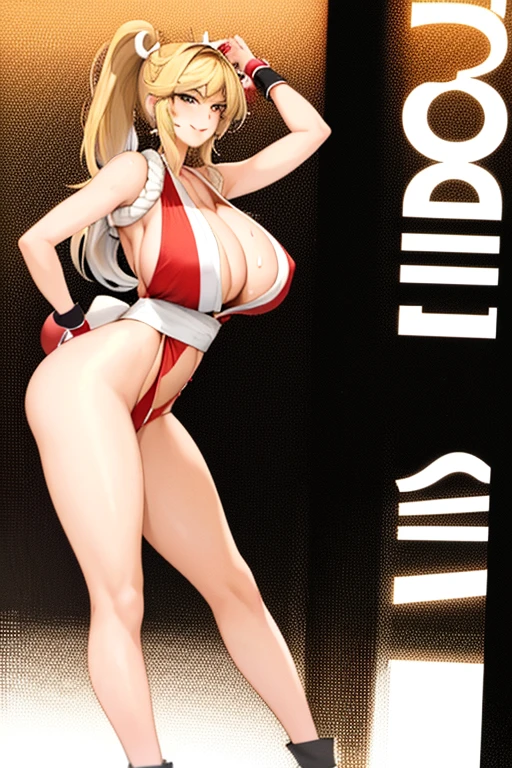 masterpiece, best quality, beautiful art, high resolution, well formed hands, body and fingers, 1 woman, solo, Kate Upton, blonde, adult, grown up,  cosplaying as Mai Shiranui , mai_shiranui_cosplay, adult, large and round breasted, cleavage, full body , hair ribbon, gorgeous legs and, thighs, sexy Japanese clothes, hair ornament , sexy legs , hips and thighs, doing exercise, warming up, working out, sexy and captivating training, smiling joyfully and happily , looking at the viewer, panties peek, sweating , bouncing breasts, t back thong, training montage session, beach environment       