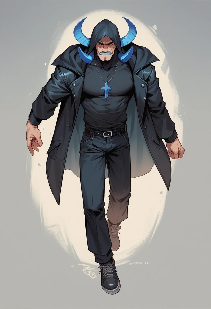father and daughter, Bblack hair, black hood with blue horn