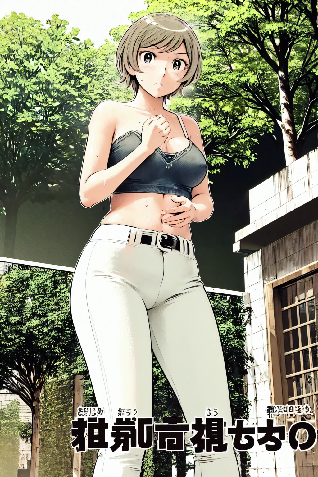 (Baseball uniforms:1.2),
blonde, (short hair:1.2),White trousers、Black belt、((Illustration of people))、Tube top bra、
View your viewers,, (Highest quality:1.3), White pants、Outdoor、baseball ground、ground、soil、blue eyeasterpiece、Highest quality)、Highest quality, Ultra-high resolution, (((masterpiece))), alone, Sweat、Big eyes、Large breasts、Torn clothes、 Fully exposed、Nipples、One Girl, Front view、Embarrassed face、Bronze colored hair、((short hair))、Stand up straight、Cowboy Shot