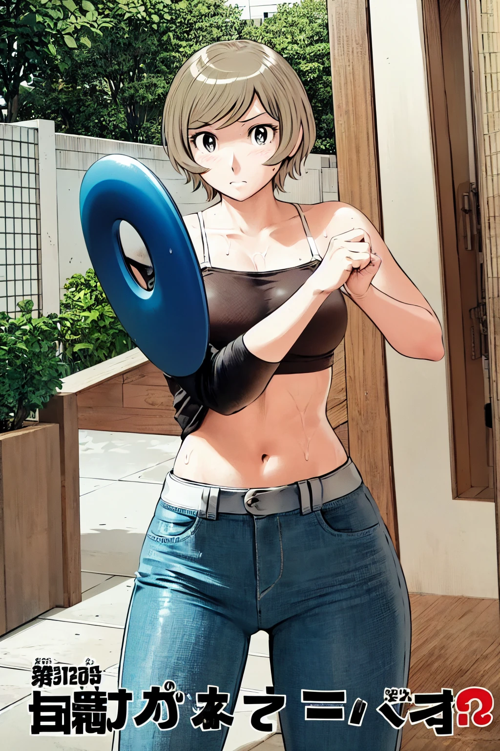 Blue school swimsuit、(masterpiece、Highest quality)、Highest quality, Ultra-high resolution, (((masterpiece))), alone, Sweat、Big eyes, Composition from the front、Shortcuts、Embarrassed face、blonde、Cut your hair short、School swimming pool、short hair、Pussy Line、Browsing Caution、Butt