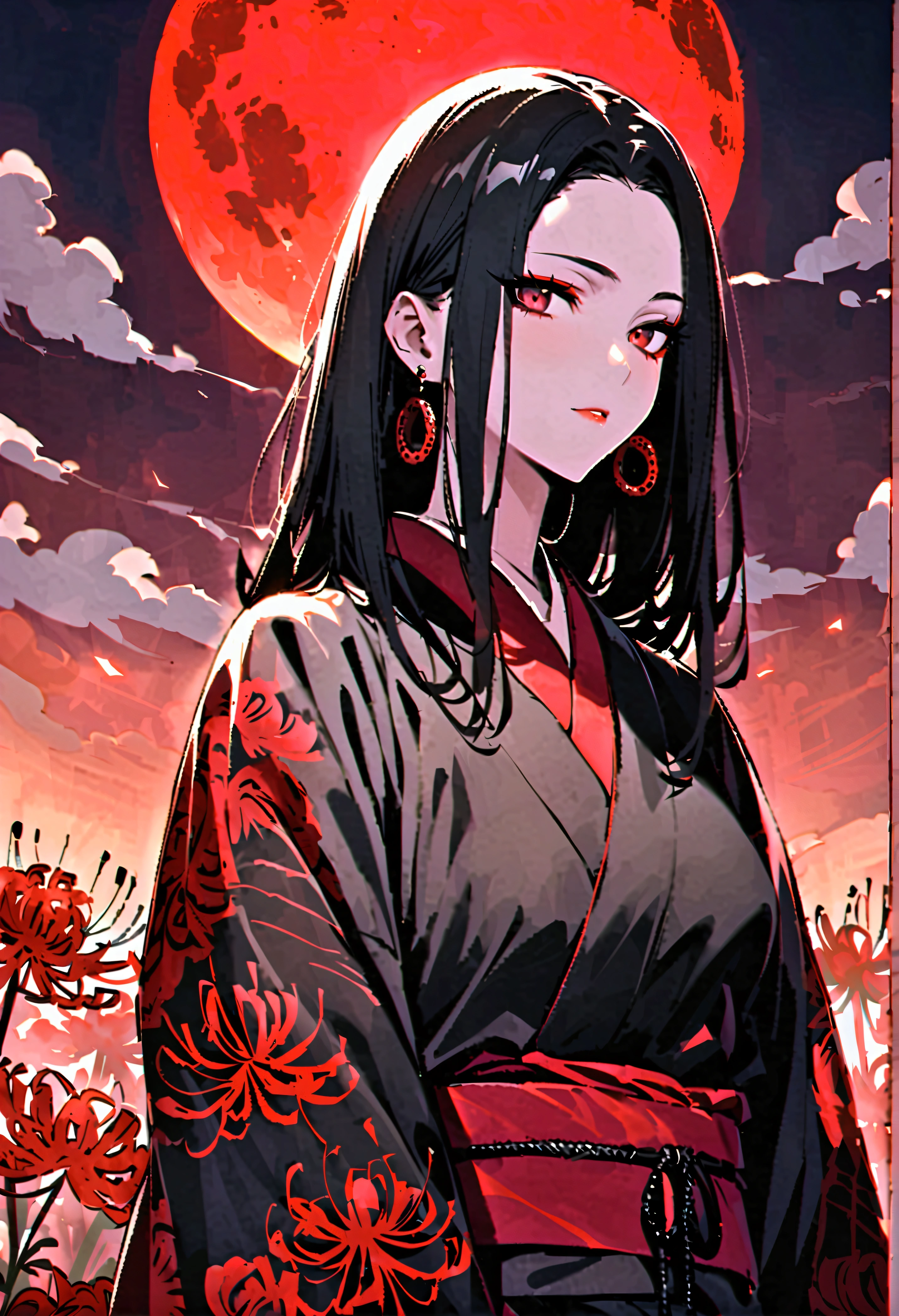 Red light district、midnight、Red full moon、Prostitute、Black straight hair、Pipe、Smoke fills、Red eyeshadow、Black kimono、Black and red spider lily kimono、Powder、earrings、Higan flowers in full bloom、Sidelong glance、Blackheads under the eyes、