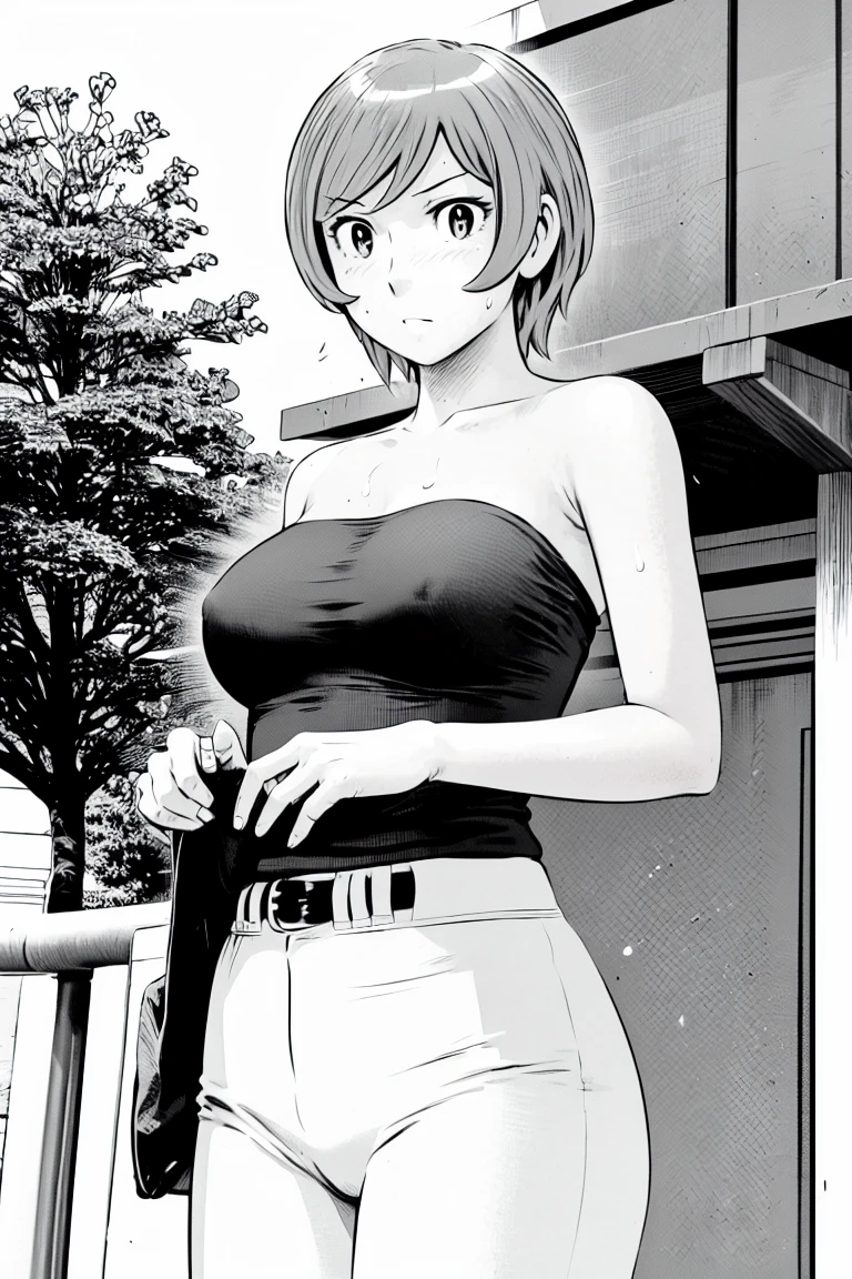 (Baseball uniforms:1.2),
blonde, (short hair:1.2),White trousers、Black belt、((Illustration of people))、Tube top bra、
View your viewers,, (Highest quality:1.3), White pants、Outdoor、baseball ground、ground、soil、blue eyeasterpiece、Highest quality)、Highest quality, Ultra-high resolution, (((masterpiece))), alone, Sweat、Big eyes、Large breasts、Torn clothes、 Fully exposed、Nipples、One Girl, Front view、Embarrassed face、Bronze colored hair、((short hair))、Stand up straight、Cowboy Shot