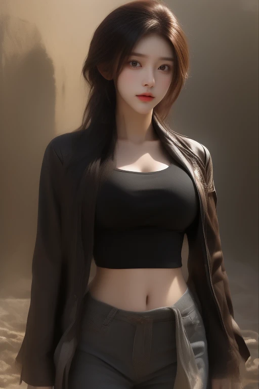((masterpiece, highest quality, Highest image quality, High resolution, photorealistic, Raw photo, 8K)), ((Extremely detailed CG unified 8k wallpaper)), (huge stunning goddess shot, very hot and sexy, jaw-dropping beauty, perfect proportions, beautiful body, slim body beauty:1.4), Post-Apocalyptic Wasteland, The world of Mad Max, she wears a leather jacket over his bare skin and holds a shotgun, adderskin eye patch, Collapsed buildings are being swallowed by the desert, Ruins hazed with dust and sand,