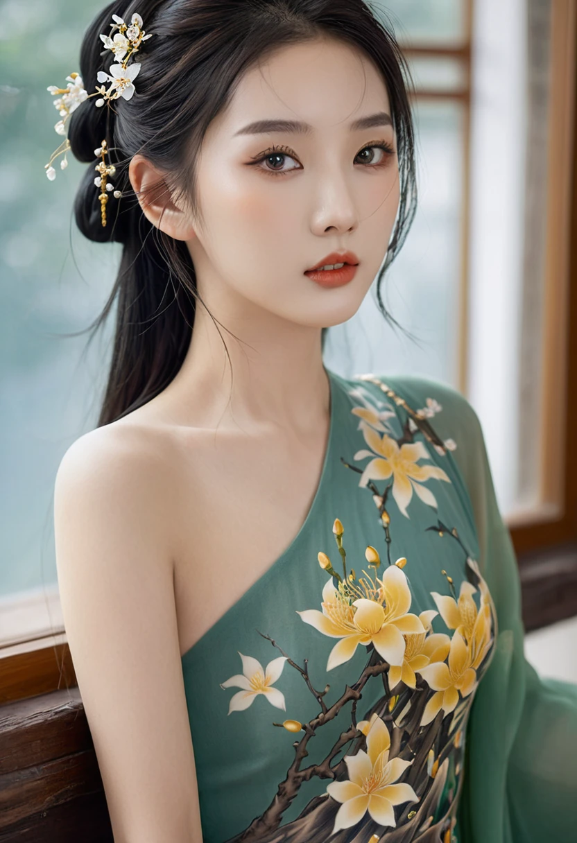 Chinese Beauty, Charming temperament, floating long dress, Clear face, beautiful eyes, Around osmanthus flowers, A masterpiece of perfect body structure proportions, Very detailed, Epic Composition, Color Tattoo Art, Neo-Traditional Tattoo Art, SD tattoo design, Color Tattoo Art, Mysterious and warm and friendly atmosphere, Surrealism, Ultra HD, high quality, best quality, 32K --v 6